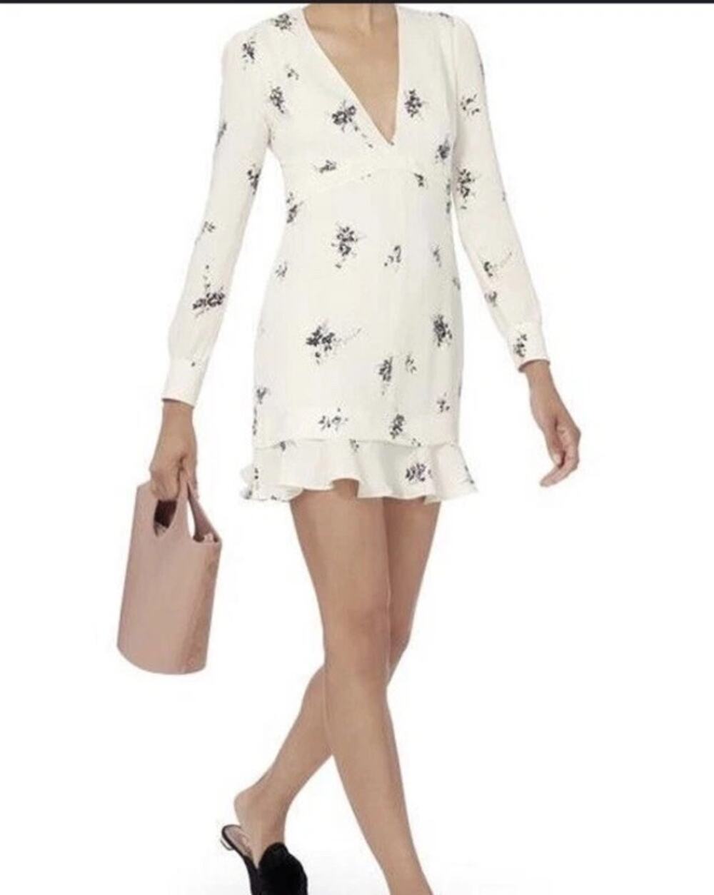 A.L.C. Black White Floral Long Sleeve V-Neck Flounce Mini Dress Women's Size 0